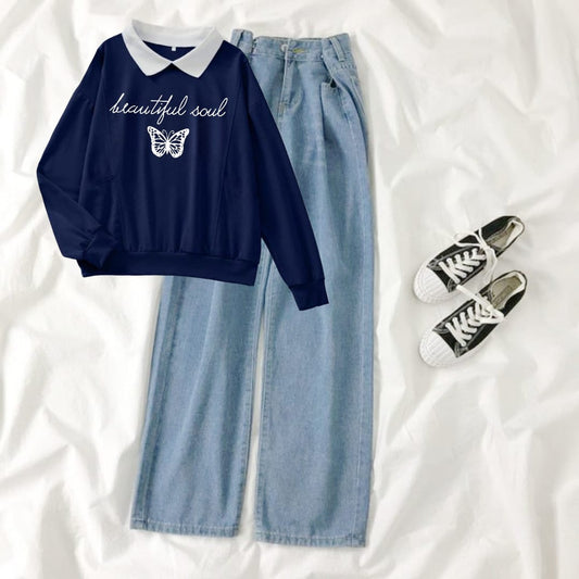 NAVY BLUE  COLLAR SWEATSHIRT BEAUTIFUL SOUL - SKY BLUE WIDE LEG JEANS