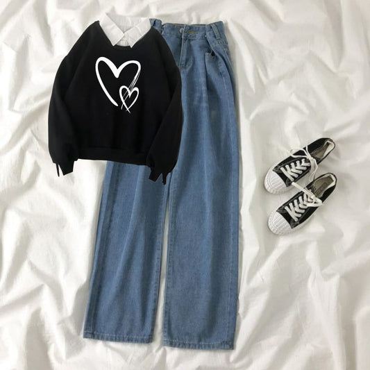BLACK COLLAR SWEATSHIRT 2 HEARTS- MID BLUE WIDE LEG JEANS