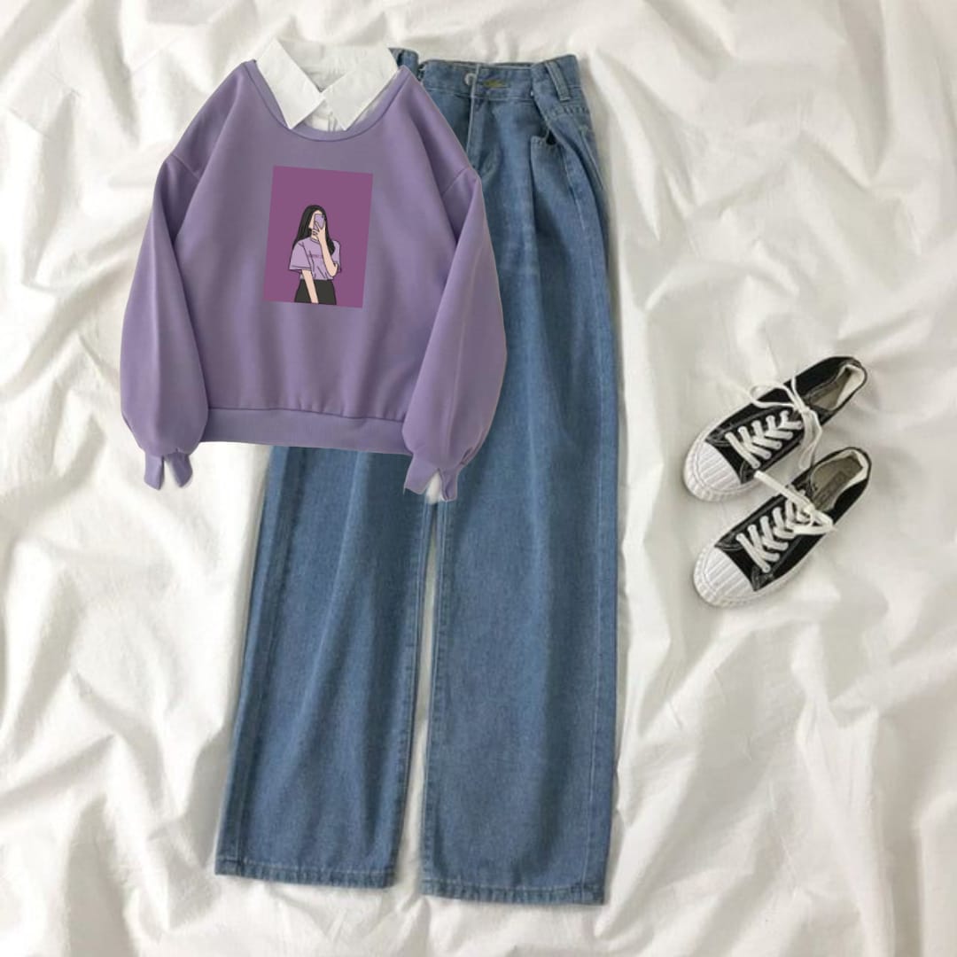 LILAC COLLAR SWEATSHIRT SELFIE GIRL - MID BLUE WIDE LEG JEANS