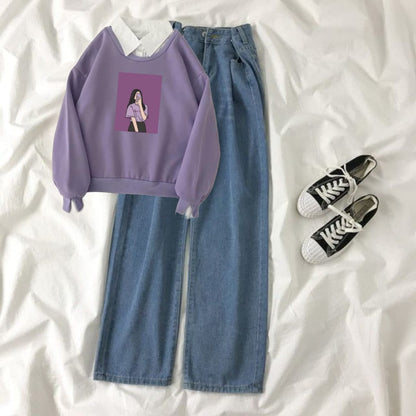 LILAC COLLAR SWEATSHIRT SELFIE GIRL - MID BLUE WIDE LEG JEANS