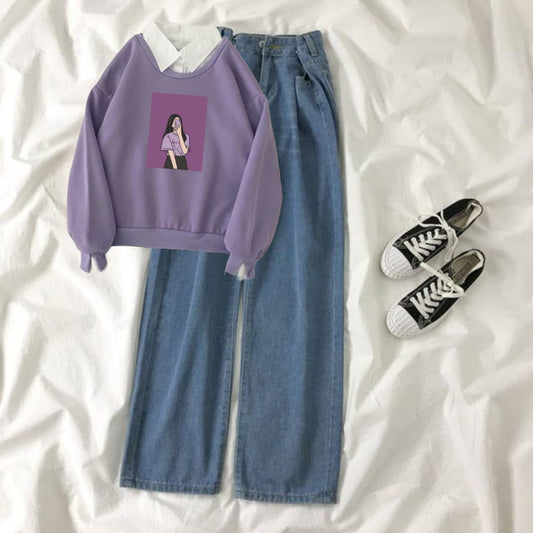 LILAC COLLAR SWEATSHIRT SELFIE GIRL - MID BLUE WIDE LEG JEANS