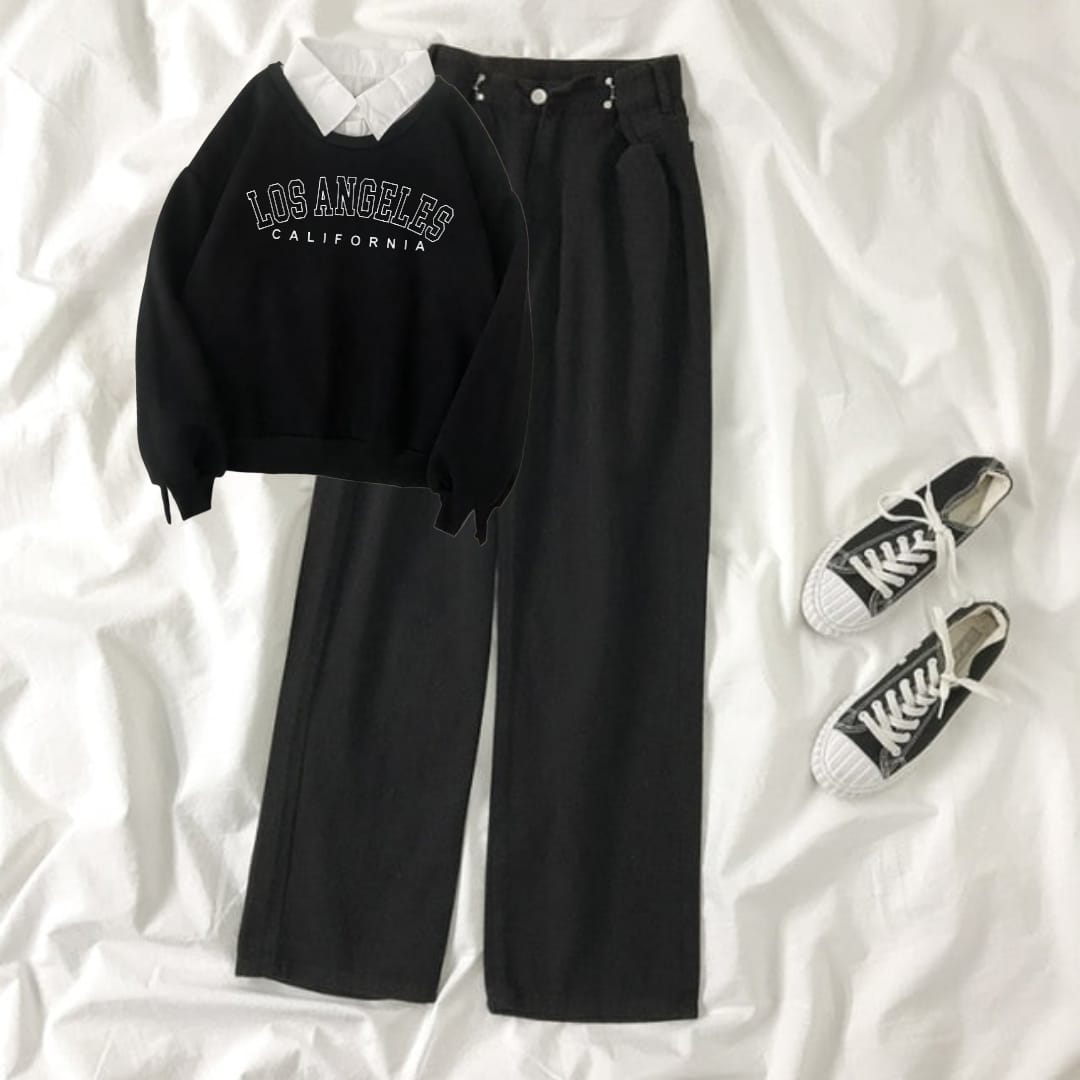 BLACK COLLAR SWEATSHIRT LOSS ANGELES -BLACK WIDE LEG JEANS