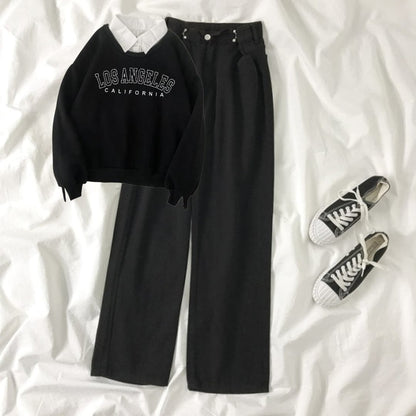 BLACK COLLAR SWEATSHIRT LOSS ANGELES -BLACK WIDE LEG JEANS