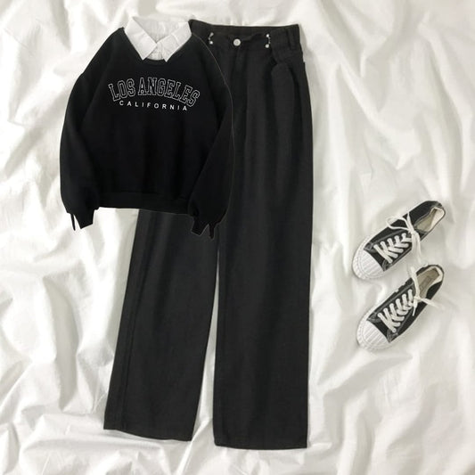 BLACK COLLAR SWEATSHIRT LOSS ANGELES -BLACK WIDE LEG JEANS