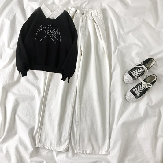 BLACK COLLAR SWEATSHIRT PINKEY PROMISE - WHITE WIDE LEG JEANS