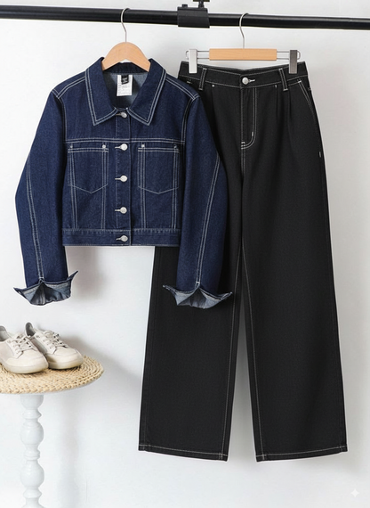 MID BLUE CROP DENIM JACKET -BLACK WIDE LEG JEANS