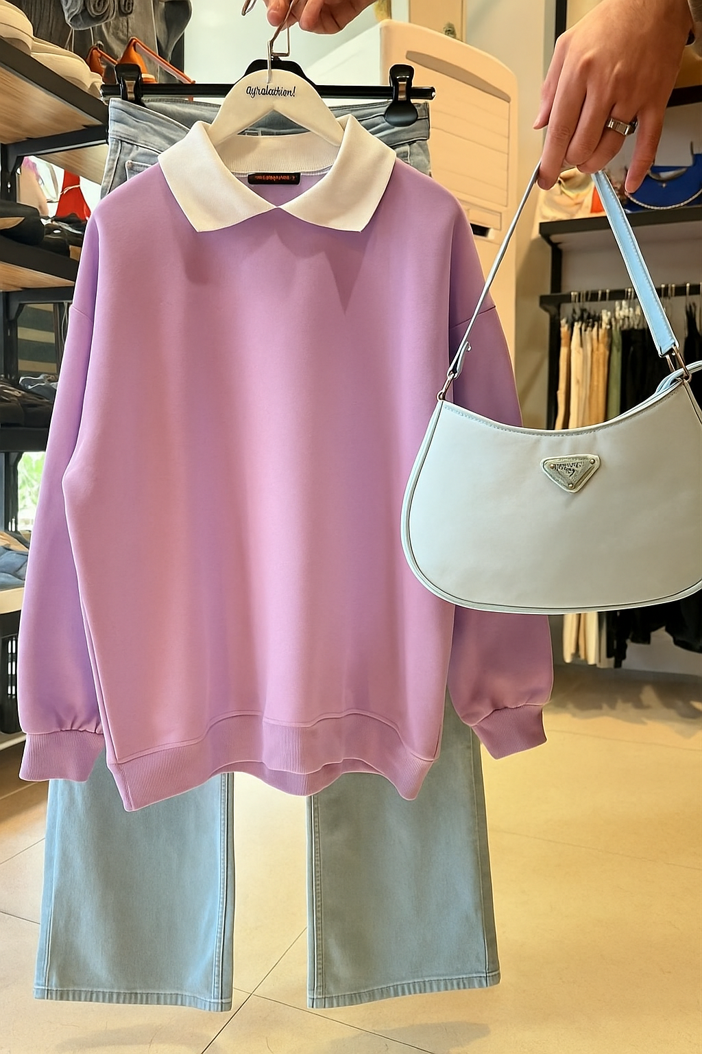 LILAC COLLAR SWEATSHIRT - SKY BLUE WIDE LEG JEANS