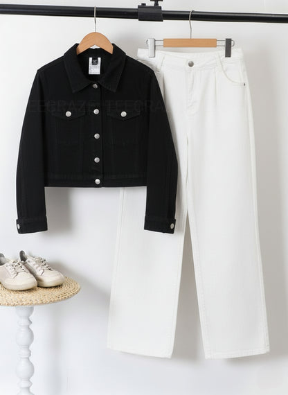 BLACK CROP DENIM JACKET - WHITE WIDE LEG JEANS