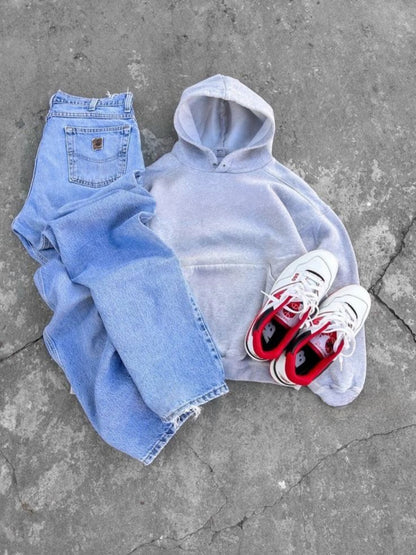 Grey Hoodie - SKY BLUE WIDE LEG JEANS