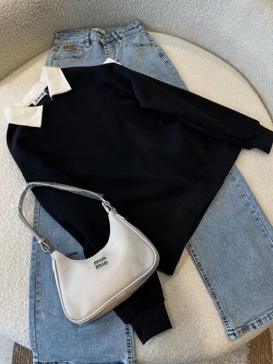 BLACK COLLAR SWEATSHIRT - SKY BLUE WIDE LEG JEANS