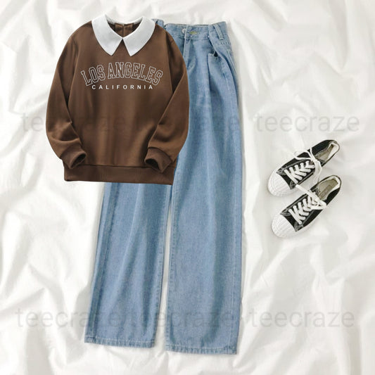 BROWN COLLAR SWEATSHIRT LOSS ANGELES - SKY BLUE WIDE LEG JEANS