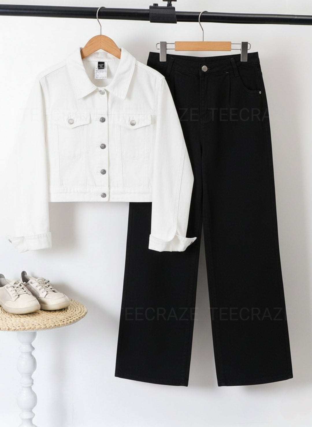 WHITE CROP DENIM JACKET - BLACK WIDE LEG JEANS