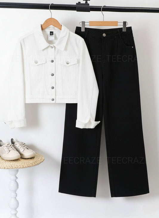 WHITE CROP DENIM JACKET - BLACK WIDE LEG JEANS