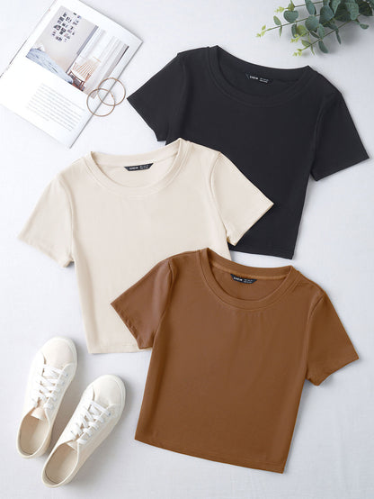 PACK OF 3 CROP TOP BLACK BEIGE BROWN
