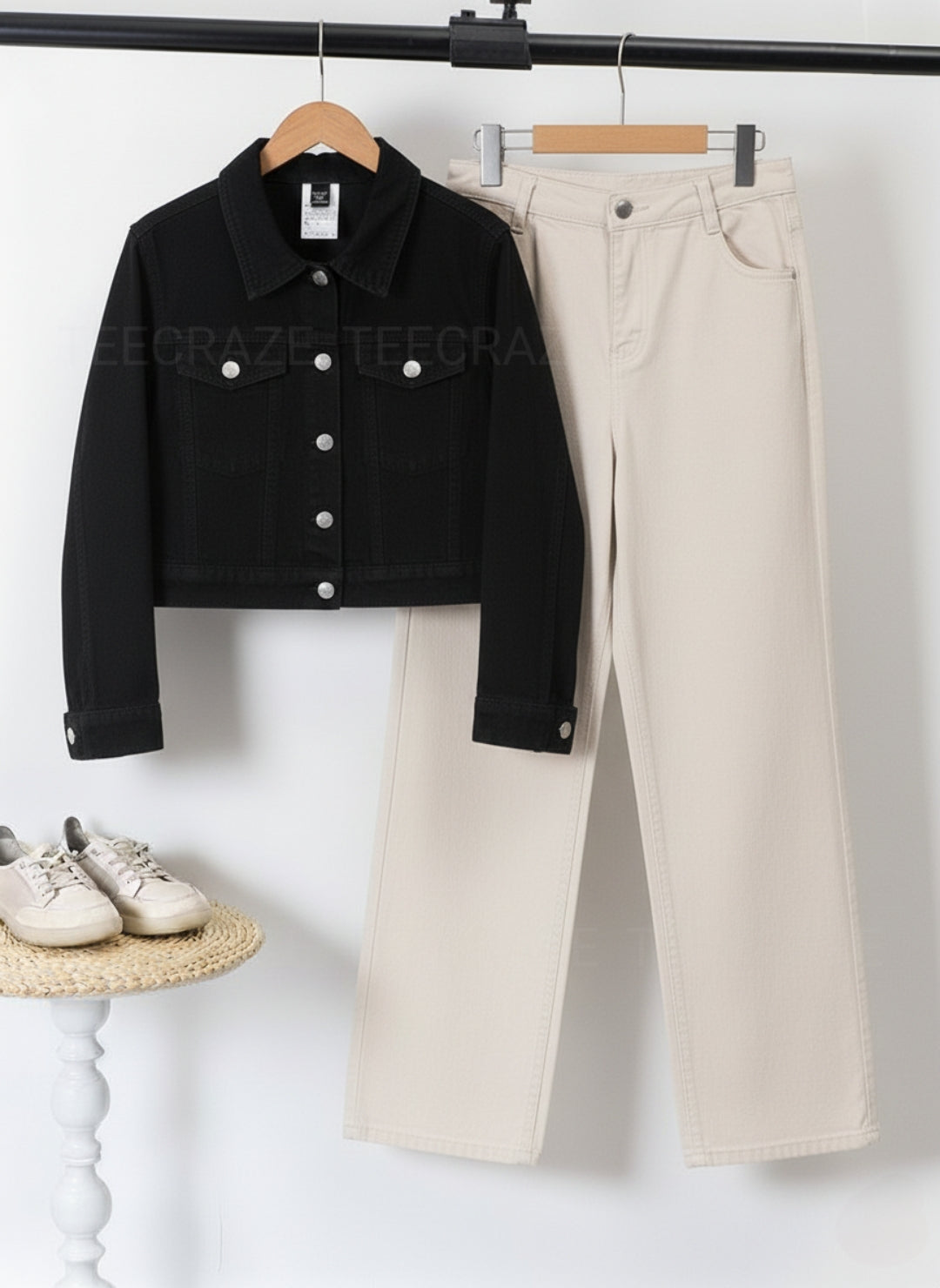 BLACK CROP DENIM JACKET - BEIGE WIDE LEG JEANS