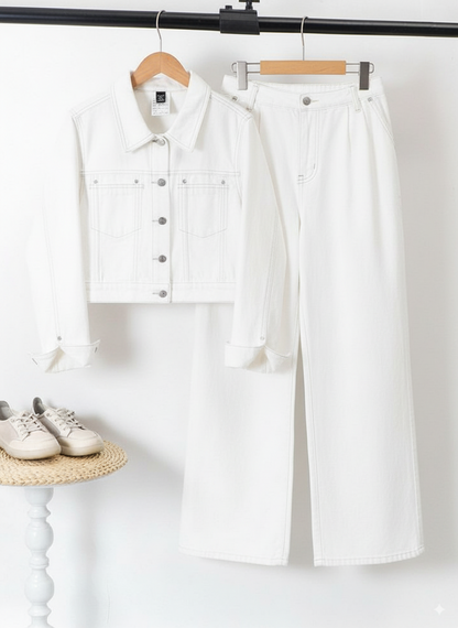 WHITE CROP DENIM JACKET - WHITE WIDE LEG JEANS