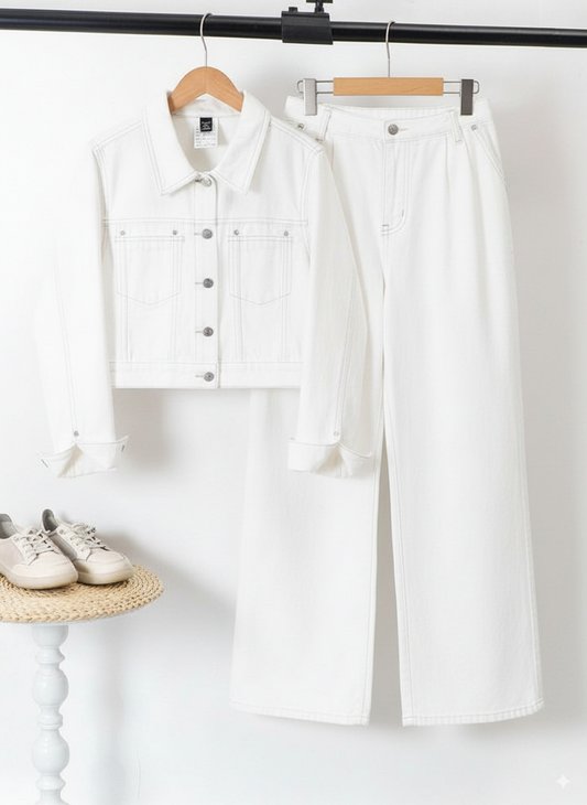 WHITE CROP DENIM JACKET - WHITE WIDE LEG JEANS